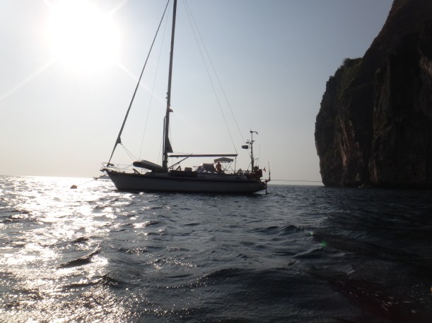 Boat anchored in Maya Bay, Thailand